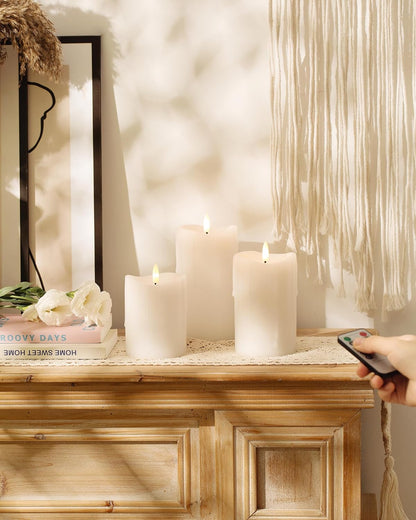 White Flameless Candles with Remote and Timer, Real Wax Made Wax Drip LED Pillar Candles Battery Operated with 3D Flickering Flame Melted Top - 3" x 4", 3" x 5", 3" x 6" - Set of 3