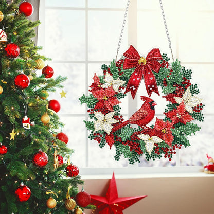 MEIYUDA Christmas Diamond Art Hanging Kits for Adult, Cardinal Wreath Diamond Painting Hanging Kits Ornaments, DIY Special Shaped Rhinestone Window Pendants kit for Home Garden Wall Decor Gift