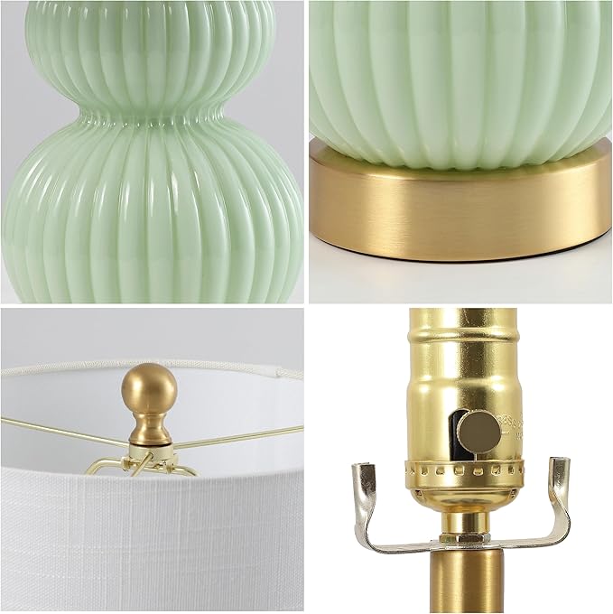 JONATHAN Y 20" Mint Green/Brass Gold Ribbed Gourd Glass Table Lamp, Modern Bedside Lamp for Bedroom Living Room, White Linen Drum Shade, LED Bulb Included (JYL1099F)