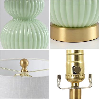 JONATHAN Y 20" Mint Green/Brass Gold Ribbed Gourd Glass Table Lamp, Modern Bedside Lamp for Bedroom Living Room, White Linen Drum Shade, LED Bulb Included (JYL1099F)
