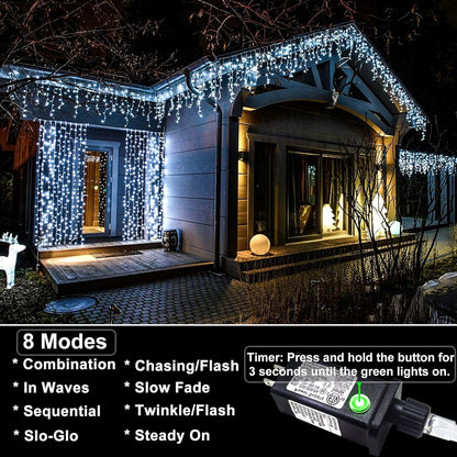 Icicle lights Outdoor - 66ft Christmas Lights with 640LED 120 Drops 8 Modes, Plug in Curtain String Lights Waterproof for Holiday Wedding Party Home Garden Bedroom Indoor Outdoor Decoration,Cool White