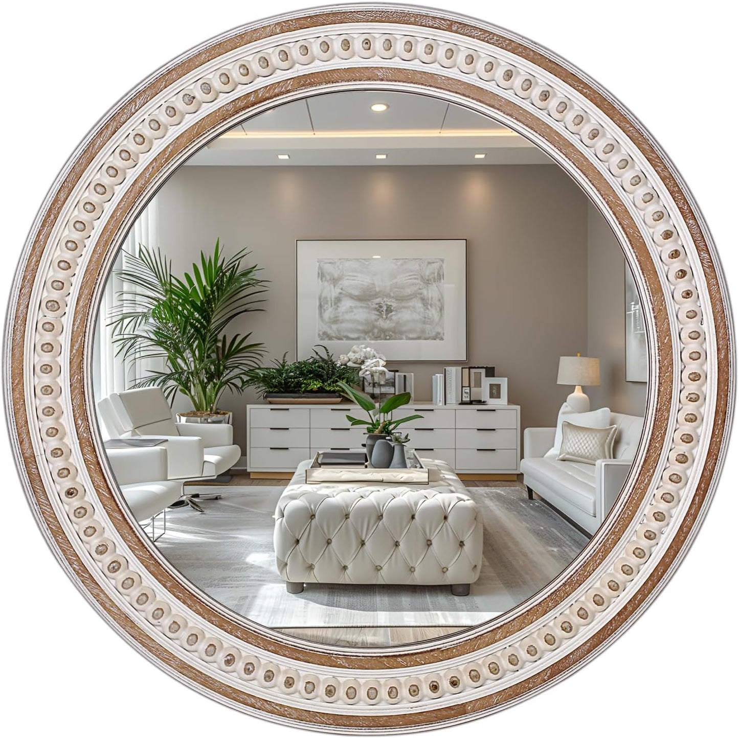 24 Inches Rustic Round Wall Mirrors - Wooden Farmhouse Circle Mirror for Bathroom, Entryway, Bedroom, Living Room, Entryway Decorative