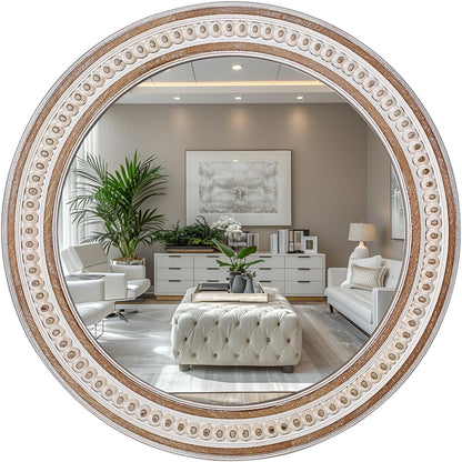 24 Inches Rustic Round Wall Mirrors - Wooden Farmhouse Circle Mirror for Bathroom, Entryway, Bedroom, Living Room, Entryway Decorative