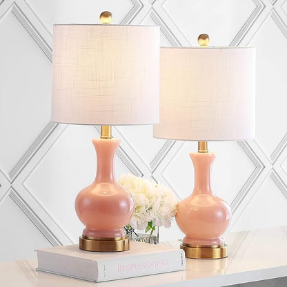 JONATHAN Y 22" Light Coral/Brass Gold Modern Glass Table Lamp Set of 2, Brass Gold Bedside Lamp with White Linen Shade for Bedroom Living Room, LED Bulbs Included (JYL4033D-SET2)