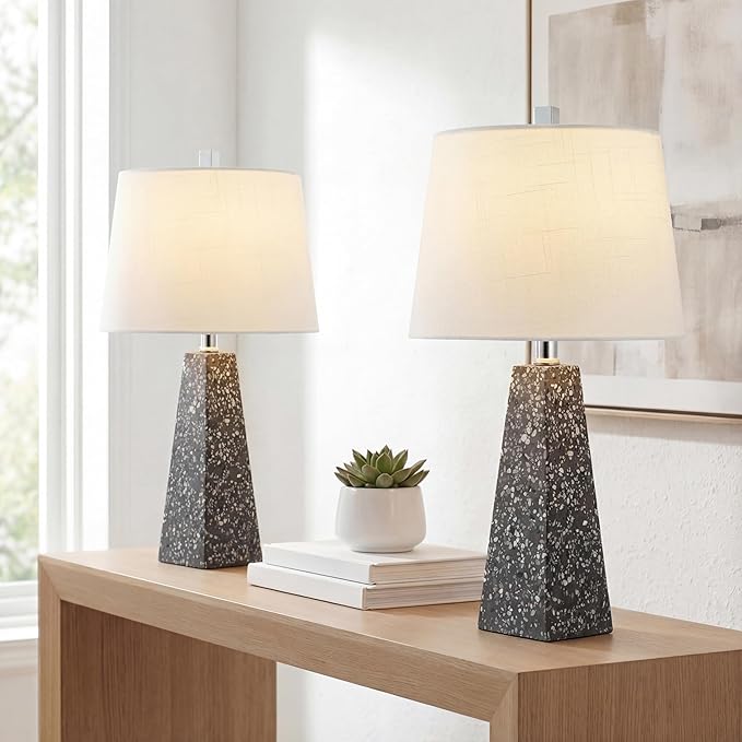 JONATHAN Y 20.5" Dark Gray Terrazzo Modern Resin Table Lamp for Bedroom Living Room, Contemporary Faceted Bedside Lamp with White Linen Shade, LED Bulb Included (JYL1037C-SET2)