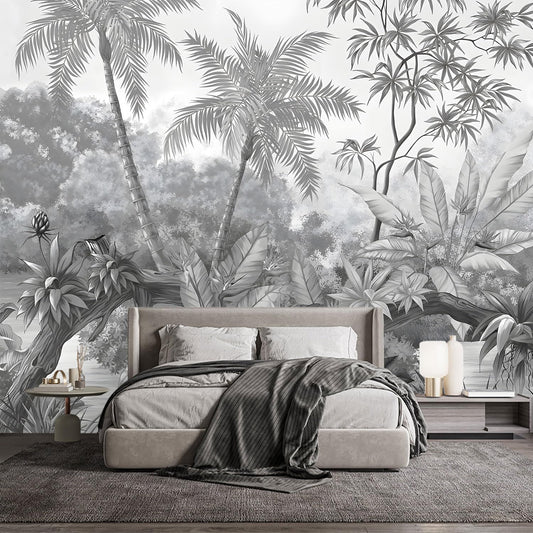 -Grey Rainforest Leaves Fabric Wallpaper Bedroom XT11 M 140" x 91"