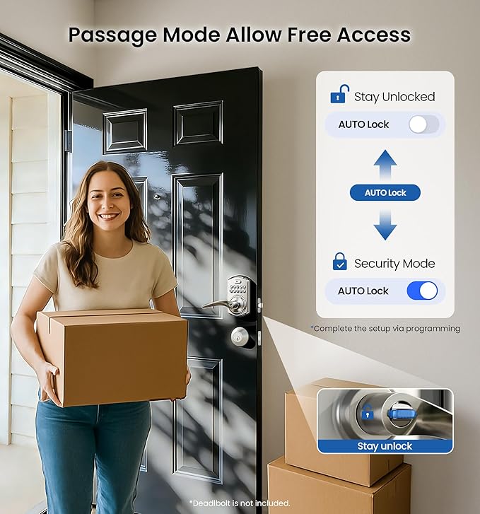Veise Keypad Door Lock with Handle, Keyless Entry for Front Door & Bedroom, Electronic Lock with Code, Auto-Locking, Easy Installation, Passage Mode, Satin Nickel