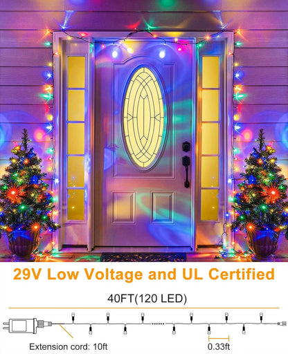 40FT 120 LED Christmas Lights Outdoor, Green Wire Christmas Tree Lights with 8 Modes & Waterproof, Connectable Plug in String Light for Indoor Bedroom Yard Party Wedding Decorations, Multicolor