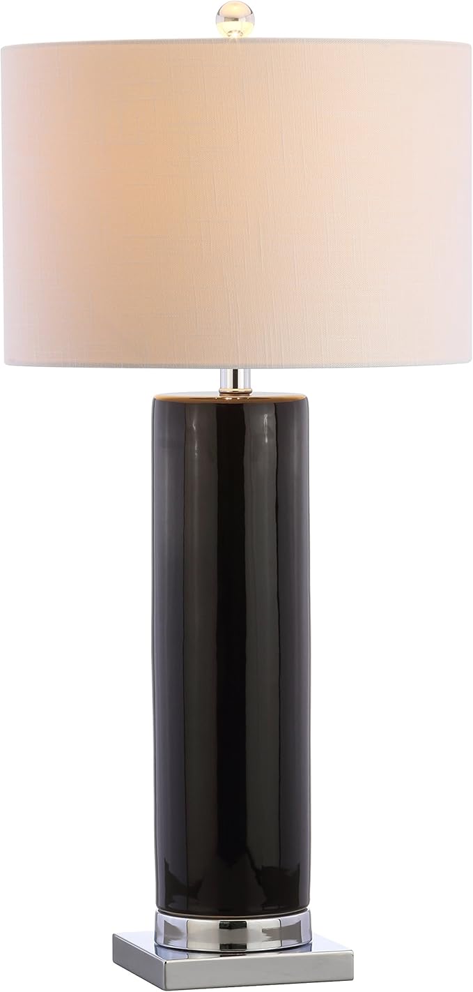 JONATHAN Y 31.5" Black/Chrome Ceramic Table Lamp with Chrome Base for Living Room, White Linen Drum Shade, Modern Bedside Lamp for Bedroom Office Nightstand, LED Bulb Included (JYL8021B)