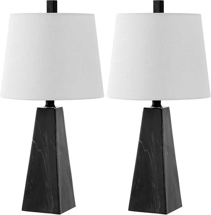 JONATHAN Y 20.5" Black Marble Finish Modern Resin Table Lamp for Bedroom Living Room, Contemporary Faceted Bedside Lamp with White Linen Shade, LED Bulb Included (JYL1037D-SET2)