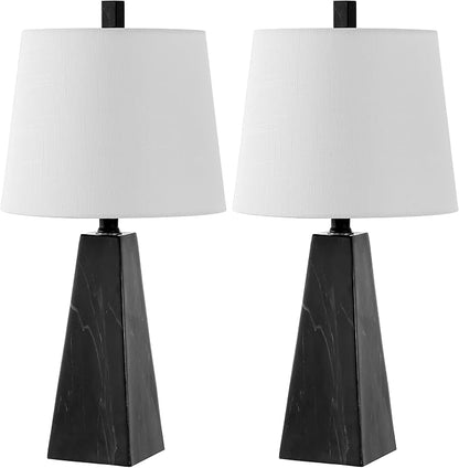 JONATHAN Y 20.5" Black Marble Finish Modern Resin Table Lamp for Bedroom Living Room, Contemporary Faceted Bedside Lamp with White Linen Shade, LED Bulb Included (JYL1037D-SET2)