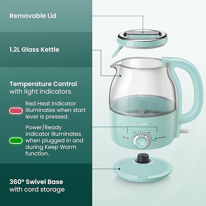 Elite Gourmet 1.2L Electric Glass Kettle, 1200W Fast Boil, Adjustable Temperature Control & Keep Warm, BPA-Free Borosilicate Glass, Auto Shut-Off & Boil-Dry Protection, 360° Cordless Base, Mint