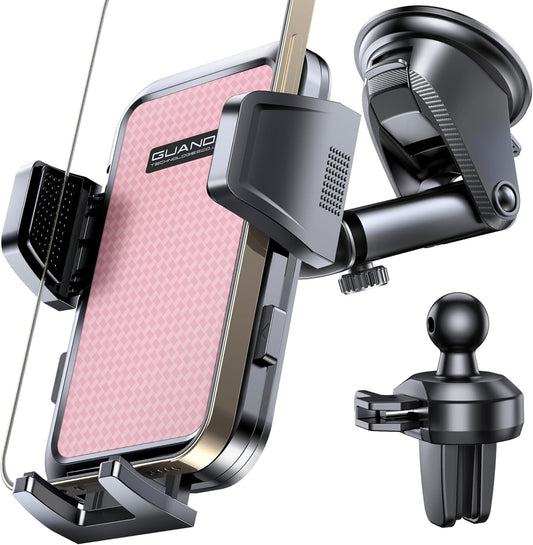 [2025 New] Dashboard Phone Holders for Your Car (+Air Vent Clip) [Military Grade Stable] , Car Cell Phone Holder, Rotatable Suction Cup Car Phone Mount for All Phone (Pink)