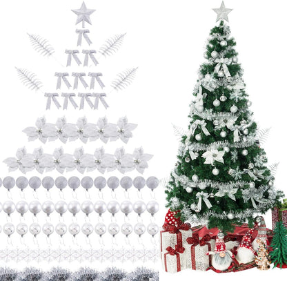 Sunnyglade 94 PCS Christmas Tree Ornaments Set with Glitter Poinsettia, Bows, Ribbons, Leaves & Assorted Decoration Ball for Xmas Tree Holiday Wedding Party Decorations (Silver White)