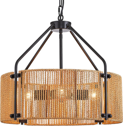 18.1" Rattan Chandelier, 4 Lights Large Black Chandelier Wicker Woven Pendant Light Boho Hanging Lamp for Living Dining Room Foyer Kitchen Island Entryway Foyer, E26, Height Adjustable