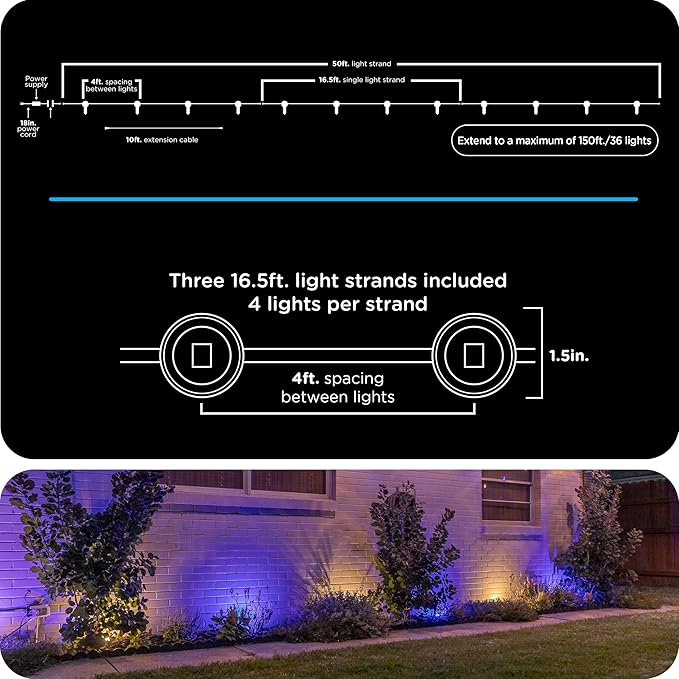 Enbrighten Vibe Eternity Garden Lights, 50ft, 12 RGBWIC LEDs, Waterproof, Uplights, Outdoor Landscape Lighting, Home Exterior Spotlight, Smart App, Compatible with Alexa, Google Home, 83790