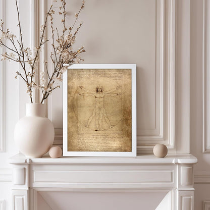 Poster Master Classic Leonardo Da Vinci Poster - Vintage Renaissance Print - Gift for Artist, Friend - Vitruvian Man, Proportion, Symmetry, Human Body - Wall Decor for Office, 11x14 White Framed