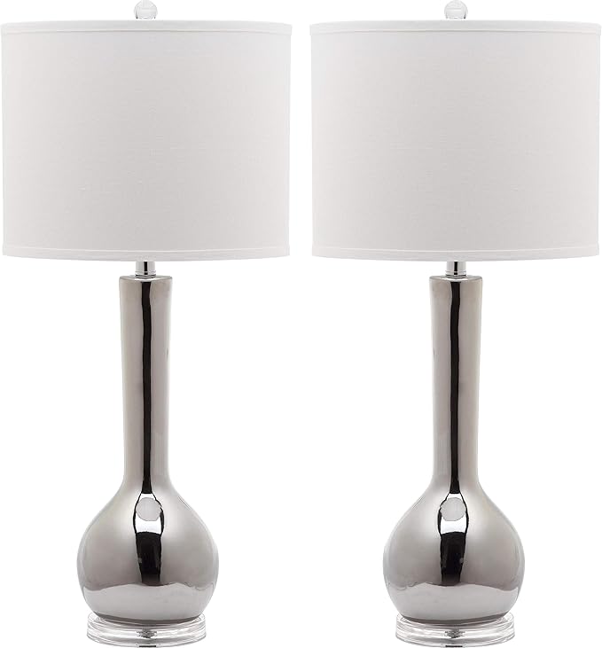 SAFAVIEH Lighting Collection Mae Long Neck Modern Contemporary Silver Ceramic 31-inch Bedroom Living Room Home Office Desk Nightstand Table Lamp Set of 2 (LED Bulbs Included)