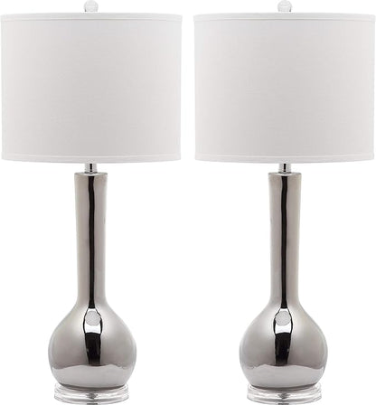 SAFAVIEH Lighting Collection Mae Long Neck Modern Contemporary Silver Ceramic 31-inch Bedroom Living Room Home Office Desk Nightstand Table Lamp Set of 2 (LED Bulbs Included)