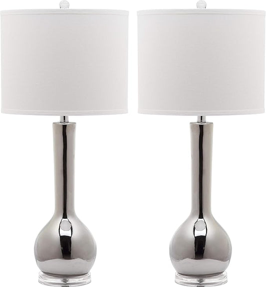 SAFAVIEH Lighting Collection Mae Long Neck Modern Contemporary Silver Ceramic 31-inch Bedroom Living Room Home Office Desk Nightstand Table Lamp Set of 2 (LED Bulbs Included)