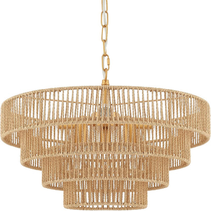 6-Lights Hand-Woven Rattan Pendant Light 4 Round Transitional Minimalist Boho Large Pendant Light for Kitchen Island Dining Room Living Room Hallway, Dia 20 Inch, UL Listed