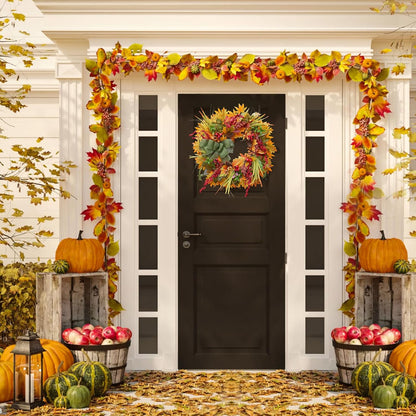24 Inch Fall Wreaths for Front Door Outside– Artificial Silk Autumn Door Wreath with Green Bow, Maple Leaves, Pine Cones, Red Berries– Indoor Outdoor Thanksgiving Farmhouse Home Wall Decor
