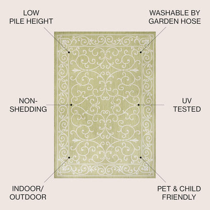 JONATHAN Y Vintage Filigree Indoor Outdoor Area Rug 3X5 Green/Cream, Charleston Textured Weave for Backyard, Patio, Porch, Easy-Cleaning, High Traffic, Pet-Friendly, Non-Shedding (SMB106H-3)