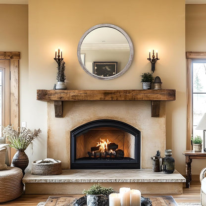 30" Round Wood Mirror, Large Round Mirror with Beveled, Wood Round Mirrors for Wall Decor, Rustic Circle Wall Mirrors for Entryway, Living Room, White Washed Frame