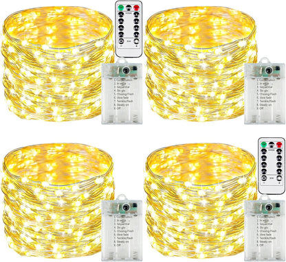 4 Pack Fairy Lights Battery Operated with Remote Control Timer, LED String Lights Outdoor Indoor Decorations, 8 Modes Twinkle Lights for Christmas Party Wedding Birthday Bedroom Décor (Warm White)