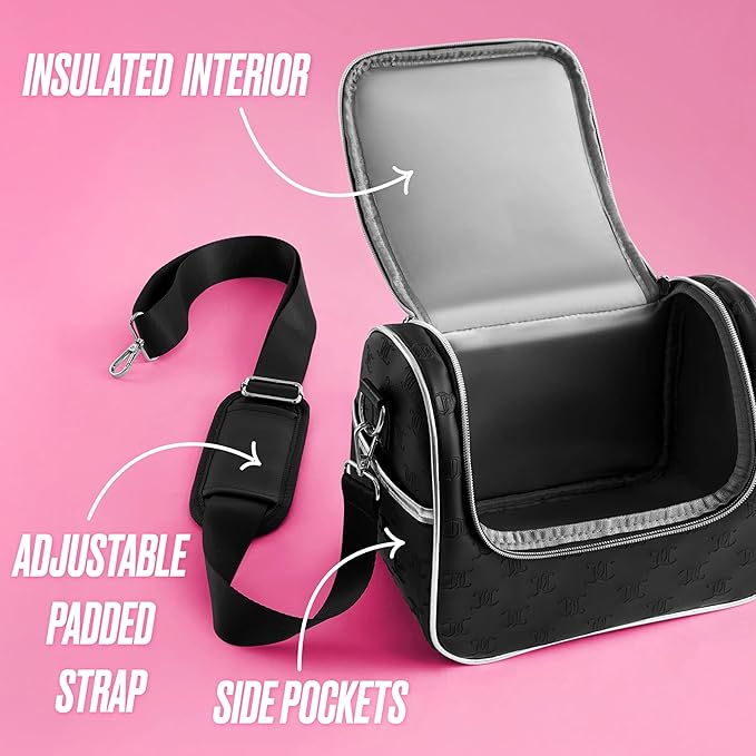 Juicy Couture Insulated Lunch Bag – Stylish Cooler Tote with Adjustable Crossbody Strap, Debossed Logo, Black – Women's Lunch Box Bag for Work, School, Travel