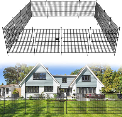 15 Panels No Dig Decorative Outdoor Garden Fence with Gate for Yard, 32 in(H) X 35.4 ft(L) Animal Barrier Fencing Rustproof Metal Wire Panel Border for Dog, Rabbits, and Patio Temporary Ground Stakes