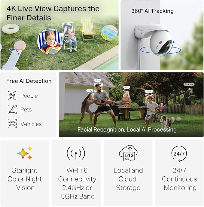 Tapo 4K 8MP Wired Pan/Tilt Outdoor Security Camera, Free Person/Vehicle Detect & 360° View, Color Night, Local AI, SD/Cloud Storage, Works w/Alexa & Google Assistant, 2.4 GHz WiFi C560WS