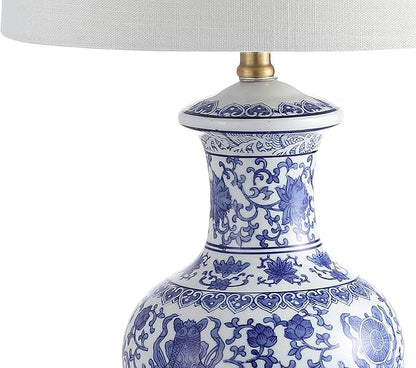 JONATHAN Y 25.25" Blue/White Ceramic Ginger Jar Table Lamp Set of 2, Traditional Brass Gold Base for Living Room Bedroom, White Linen Drum Shade, LED Bulbs Included JYL1072A-SET2