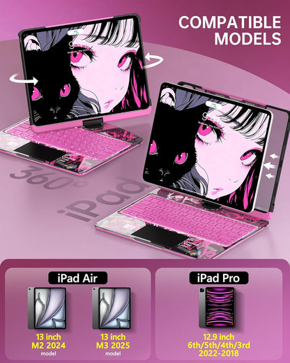 Intermerge Clear Keyboard Case for iPad Air 13" (M3/M2, 2025/2024) & Pro 12.9" (2022-2018) - 360° Rotatable Trackpad, RGB Backlit Keyboard, Pencil Holder, Power Indicator, Type-C, Blush Pulse