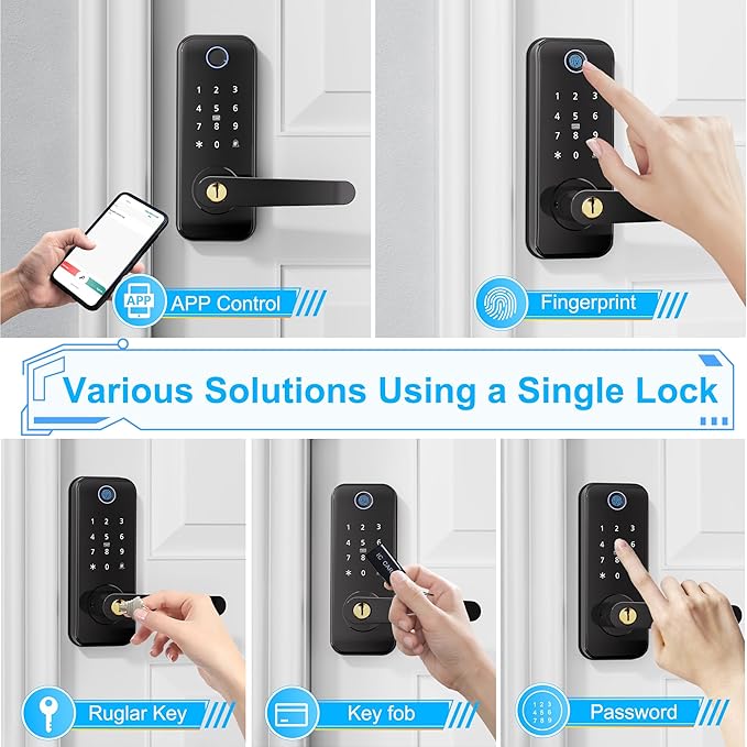 Keyless Entry Fingerprint Smart Door Lock with Handle,Digital Electronic Lock with Touchscreen Keypad,Electric Door Knob for Exterior Interior Entry/Bedroom Front Doors,Built-in WiFi