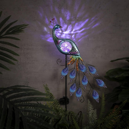 TERESA'S COLLECTIONS Solar Garden Lights Outdoor Garden Decor, Metal Peacock Decorations for Yard, 33'' Purple Decorative Garden Stake for Outside with Crackle Glass Ball, Lawn Party Gifts for Mom