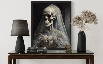 Skull Gown Poster Art Print, Halloween Scary Vintage Wall Art Academia Spooky Painting Decoration for Horror Prints, Gothic Posters Bedroom Decor 89 (Skull Gown, 11 x 14 inches, Black Frame)