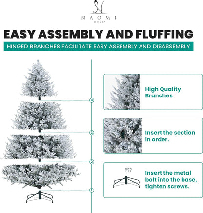Naomi Home Ginebra 7.5ft Snow Flocked Christmas Tree Prelit with 3266 Branch Tips, 650 Warm Lights and Metal Stand, 59" Wide Realistic Snowy Frosted Christmas Tree with Lights