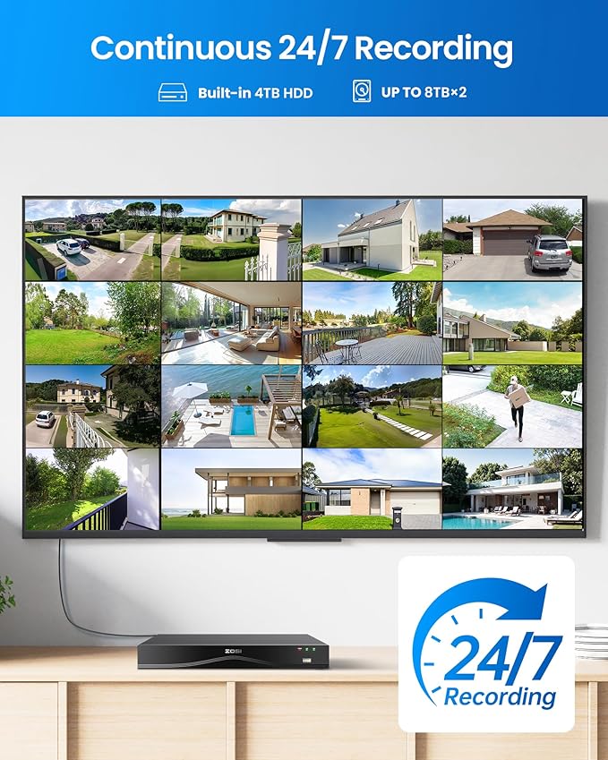 ZOSI 16CH 4K PoE Security Camera System, 8pcs 8MP Outdoors Cameras with Audio, People Counting, Person/Vehicle Detection, Night Vision, 16 Port 32CH NVR with 4TB HDD for Home Business 24/7 Recording