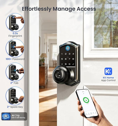 Veise VE018 Smart Knob Handle Lock - Fingerprint, App Control, Keyless Entry for Front Door and Bedroom, Electronic Digital Keypad, Auto Lock, Remote Access Sharing, IP55 Weatherproof, Matte Black