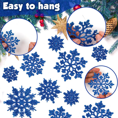 36pcs Christmas Navy Blue Snowflake Ornaments Plastic Glitter Snow Flakes Ornaments for Winter Christmas Tree Decorations Size Varies Craft Snowflakes
