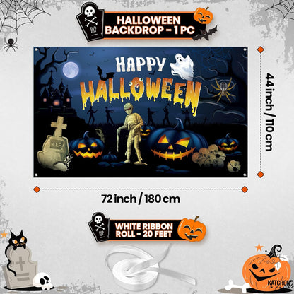 KatchOn Spooky Happy Halloween Banner - XtraLarge, 72x44 Inch | Pumpkin Backdrop for Parties, Party Decorations | Blue Photo Backdrop, Skull Decorations Indoor