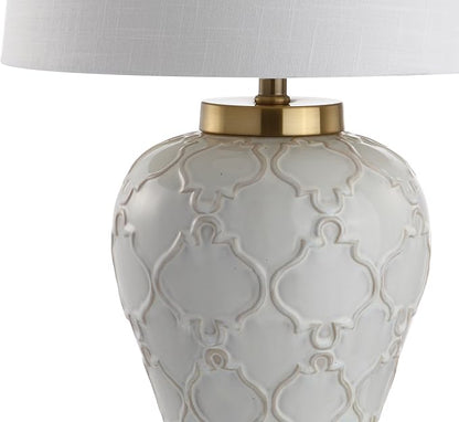 JONATHAN Y 29" Cream Textured Ceramic Table Lamp, Transitional Quatrefoil Trellis Design with White Linen Drum Shade and Brass Accents for Living Room, LED Bulb Included JYL4024A