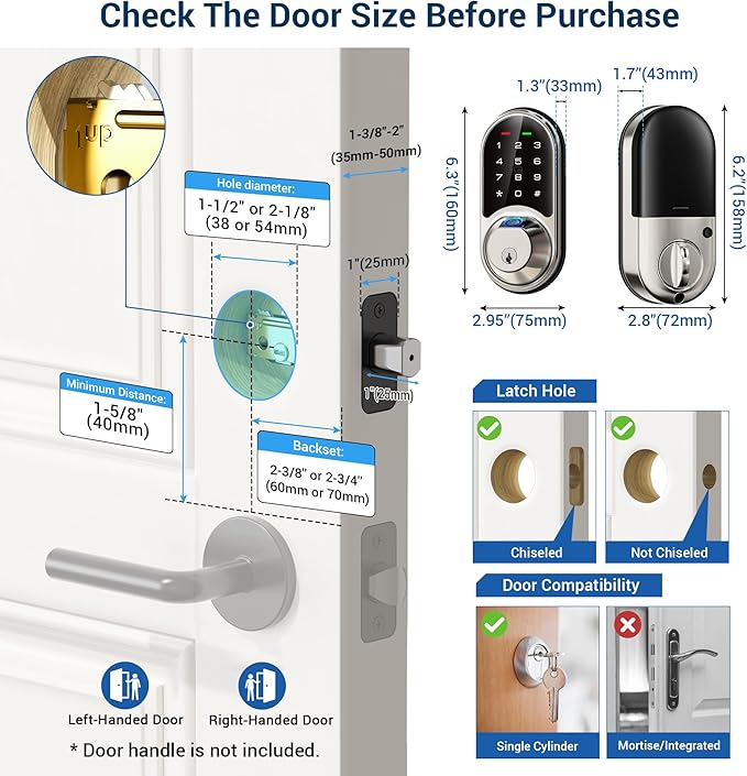 Veise RZ07 Fingerprint Smart Lock, 7-in-1 Smart Locks for Front Door, Keyless Entry Door Lock with App Control, Biometric Electronic Touchscreen Keypad Deadbolt, Satin Nickel