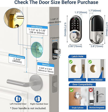 Veise RZ07 Fingerprint Smart Lock, 7-in-1 Smart Locks for Front Door, Keyless Entry Door Lock with App Control, Biometric Electronic Touchscreen Keypad Deadbolt, Satin Nickel
