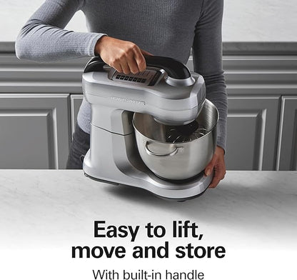 Hamilton Beach Electric Stand Mixer, 4 Quarts, Dough Hook, Flat Beater Attachments, Splash Guard, 7 Speeds with Whisk, Easy-Carry Top Handle, Silver