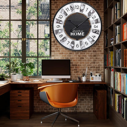 12 Photo Collage Rustic Farmhouse Wood Wall Clock,Large Wall Clock for Living Room Decor, Modern Big Wall Watch Battery Operated Decorative Clock with Personalized Frames for Bedroom,Wall Black