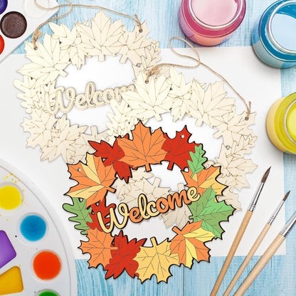 Unfinished Fall Wreaths Wood Crafts to Paint Set of 3, 11" Bulk Fall Leaves Wreath Ornaments for Painting, Unfinished Wood Cutouts DIY Ornaments for Front Door with Ropes (Maple)