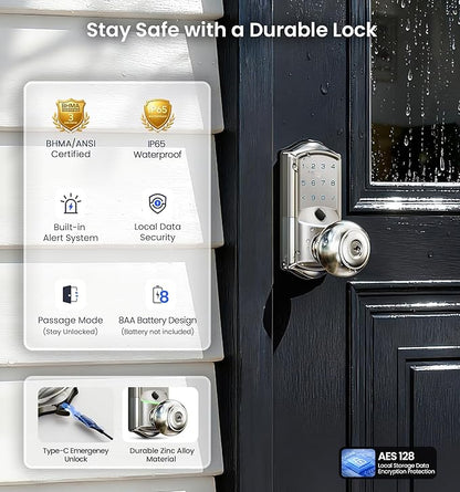 Veise VE028 Built-in Wi-Fi Smart Lock with Knob, Fingerprint Keyless Entry with Handle, App Remote & Voice Control, Electronic Digital Keypad for Front Door and Bedroom, IP65 Waterproof, Satin Nickel