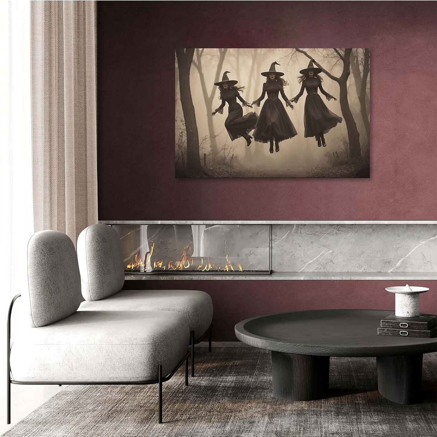 Three ghost witches flying in vintage forest gothic wall art witchcraft decoration holiday gift canvas wall art print12x16in Wood Framed